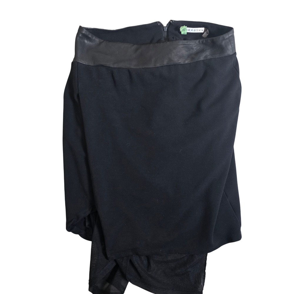 Alice + Olivia Skirt Womens 8 Black Leather Trim Mesh Hem  cocktail edgy